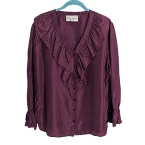 Anthony Kamanor burgundy 100% silk ruffle blouse size Large Medium @t4